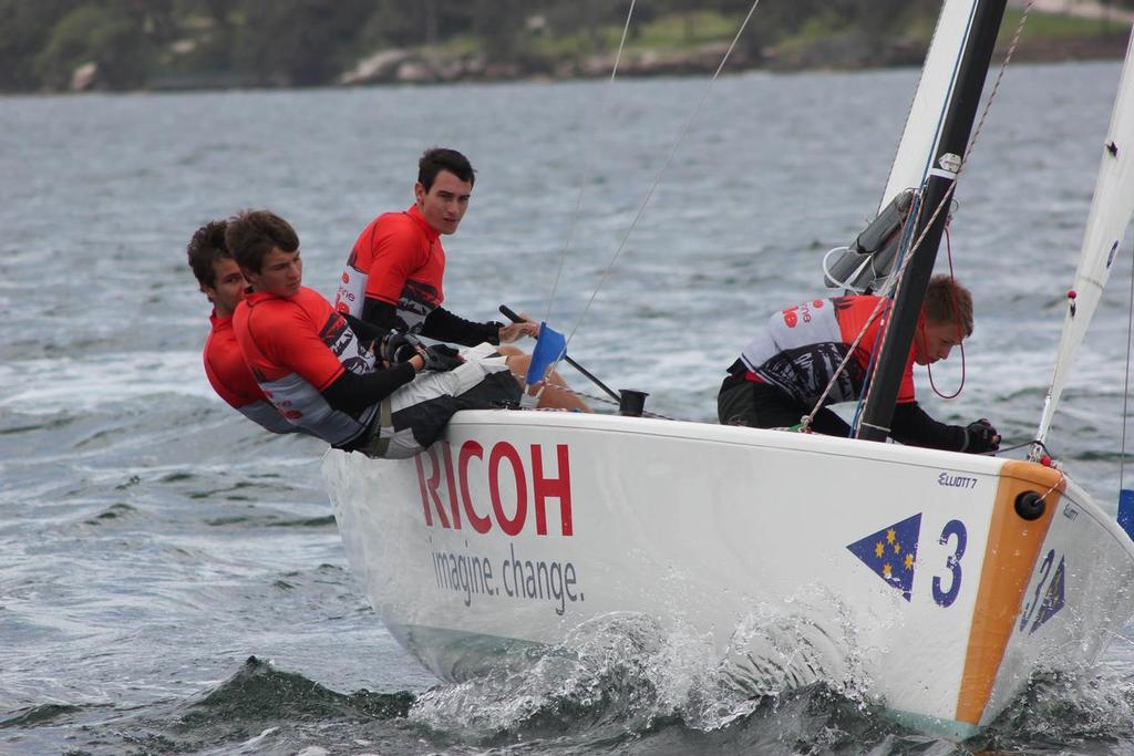 Lucas Chatonnier from New Caledonia concentrates in the shifty conditions - Musto International Youth Match Racing Championship 2013 © CYCA Staff .